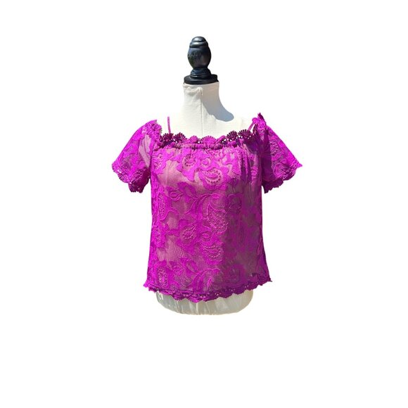 Skies Are Blue Tops - Purple Lace Off-Shoulder Blouse Womens Size S Summer Top